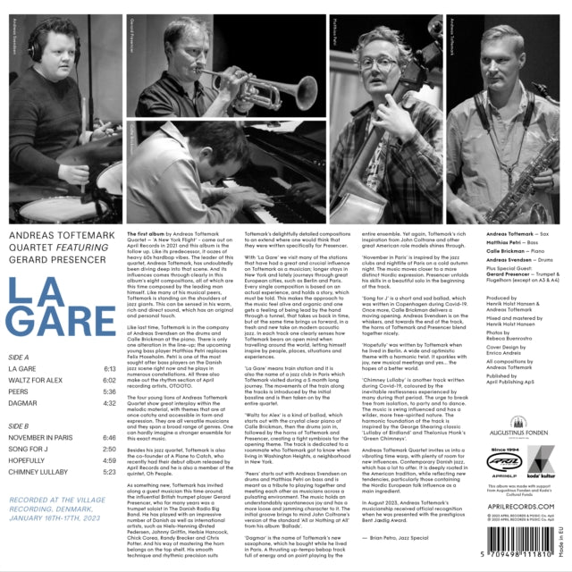This LP Vinyl is brand new.Format: LP VinylMusic Style: Contemporary JazzThis item's title is: La GareArtist: Andreas Quartet Feat. Gerard Presencer ToftemarkLabel: April RecordsBarcode: 5709498111810Release Date: 2/2/2024